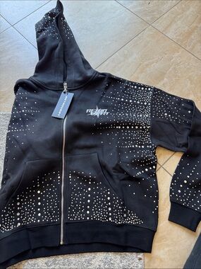 Retrovert rhinestone Studded Black Zip-Up Hoodie with Logo